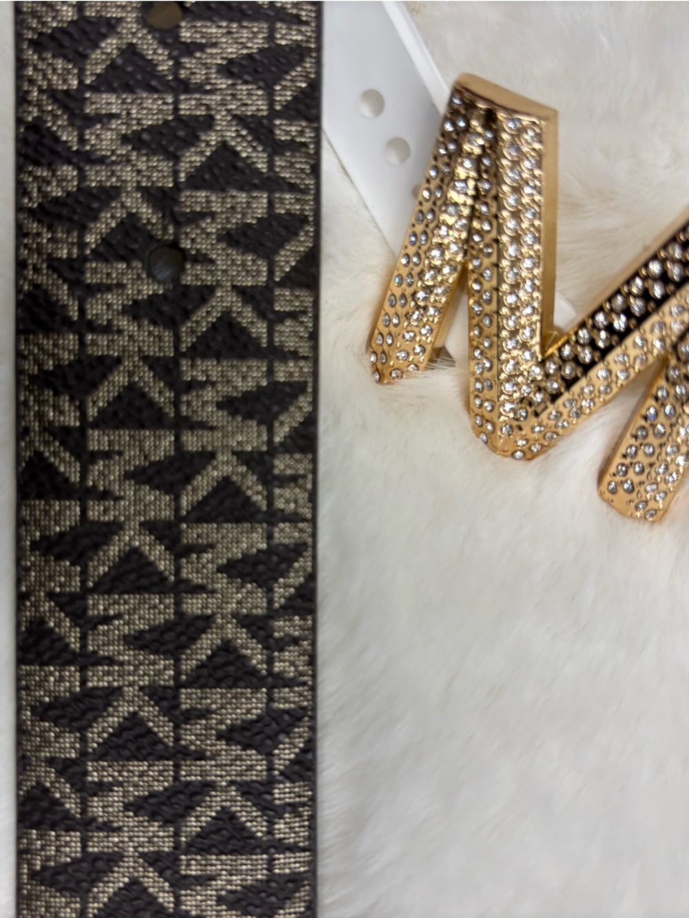 Michael Kors Reversible Monogram Belt with Gold MK Crystal Buckle - Picture 10 of 16